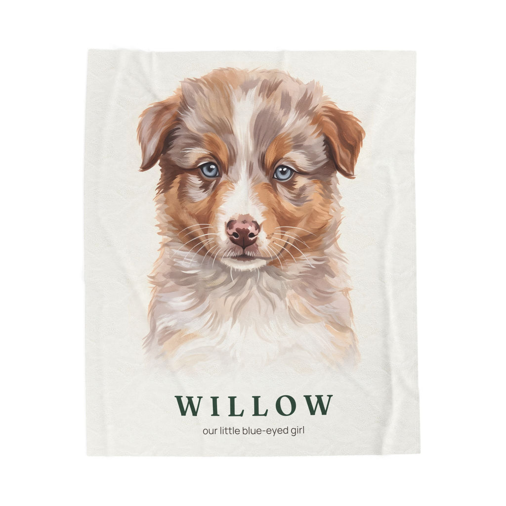 Willow’s blue-eyed puppy portrait on a warm white throw, shown flat with her name and a short line.