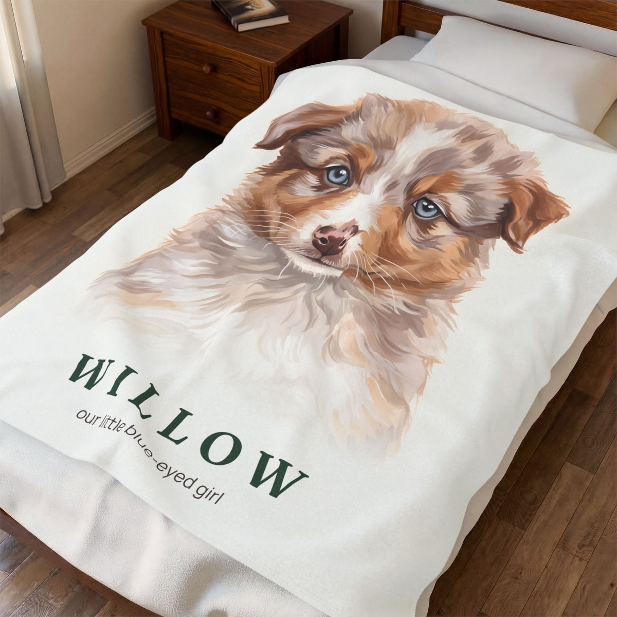 Willow’s personalized portrait throw draped across a bed, showing the printed design and soft folds.
