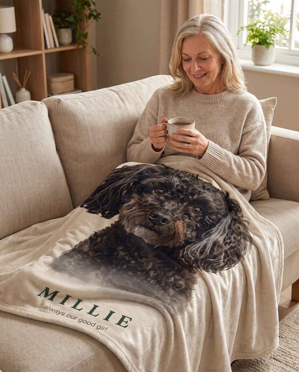 A woman relaxing on her sofa with Millie’s black poodle portrait throw across her lap.