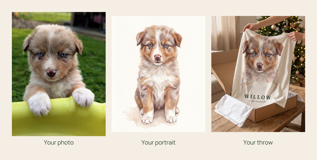 Willow’s original puppy photo, painted portrait, and finished personalized throw displayed together from photo to portrait to blanket.