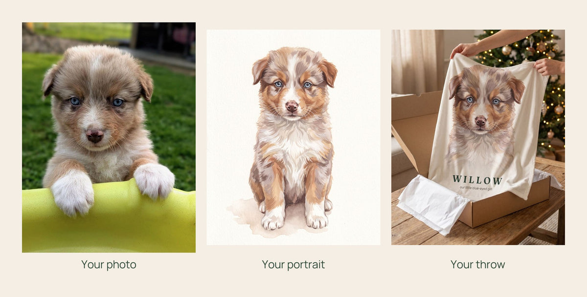 Willow’s original puppy photo, painted portrait, and finished personalized throw displayed together from photo to portrait to blanket.